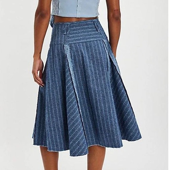 Free People - A-Line Amelia Midi Skirt Size 8 Blue Pinstripe - Picture 3 of 12